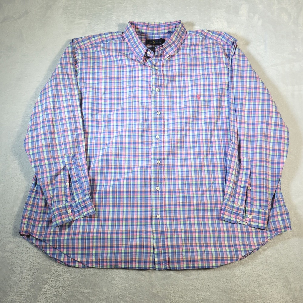 Ralph Lauren Shirt Mens 3XB Blue Pink Plaid Long Sleeve Button Down Pony Logo